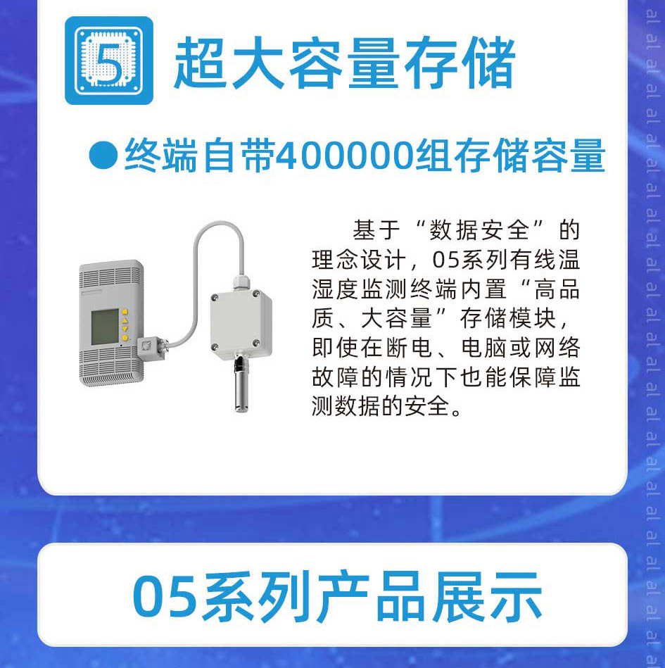 志翔領(lǐng)馭MJK2005系列溫濕度監(jiān)測系統(tǒng)基于“數(shù)據(jù)安全”的理念設(shè)計，終端內(nèi)置“高品質(zhì)、大容量”存儲模塊，自帶500000組存儲容量，即使在斷電、電腦或網(wǎng)絡(luò)故障的情況下也能保障監(jiān)測數(shù)據(jù)的安全。