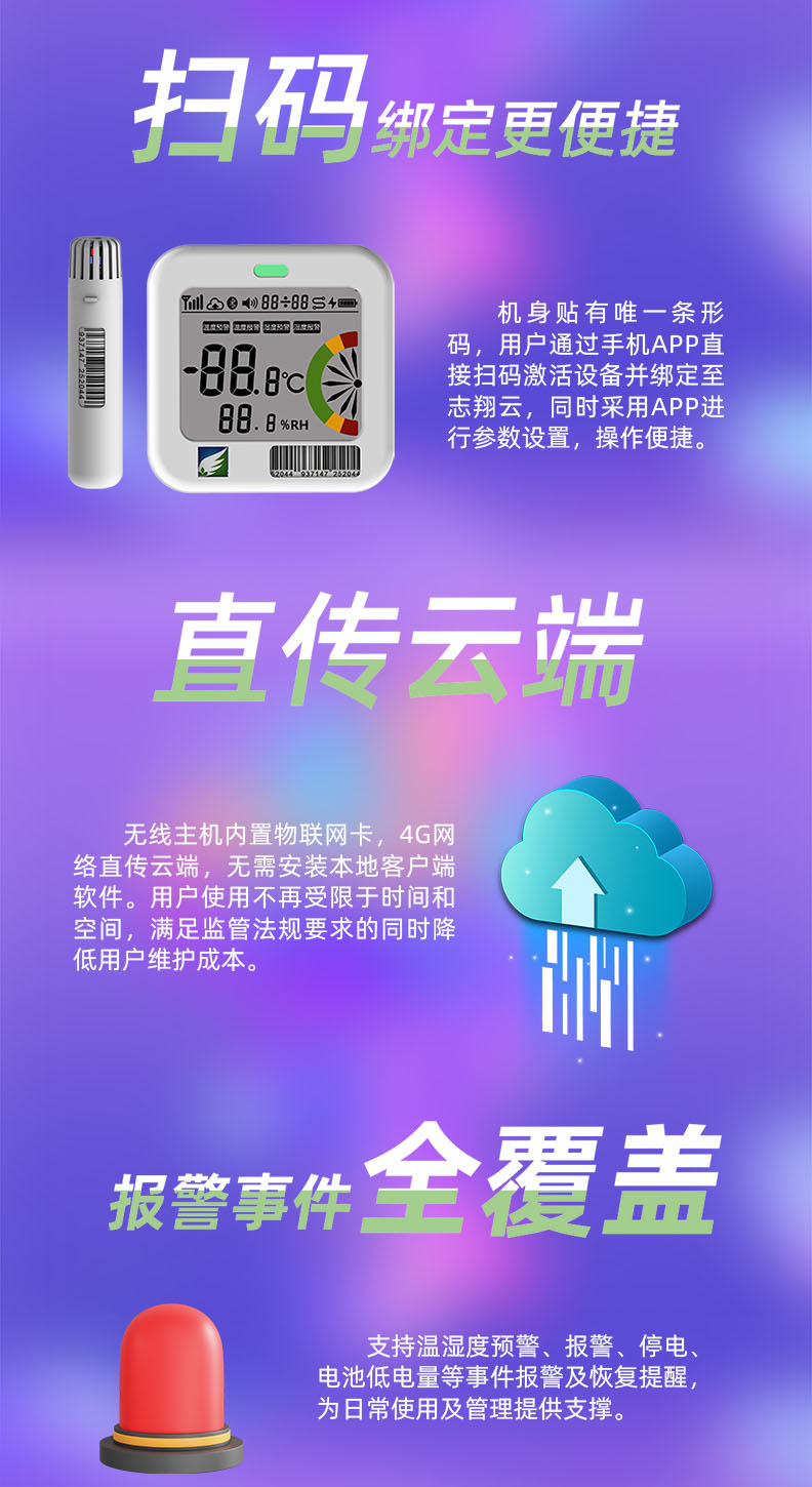 支持溫濕度監(jiān)控預(yù)警、報警、停電、電池低電量等事件報警及恢復(fù)提醒，為日常使用及管理提供支撐。